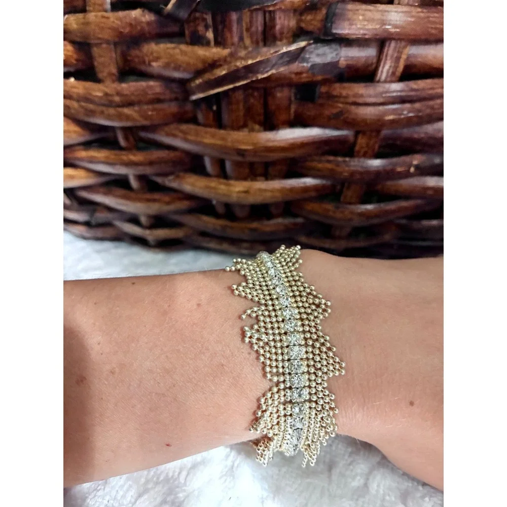 Gold Rhinestone Fringe Bracelet Multi Strand Tassel Statement Glam